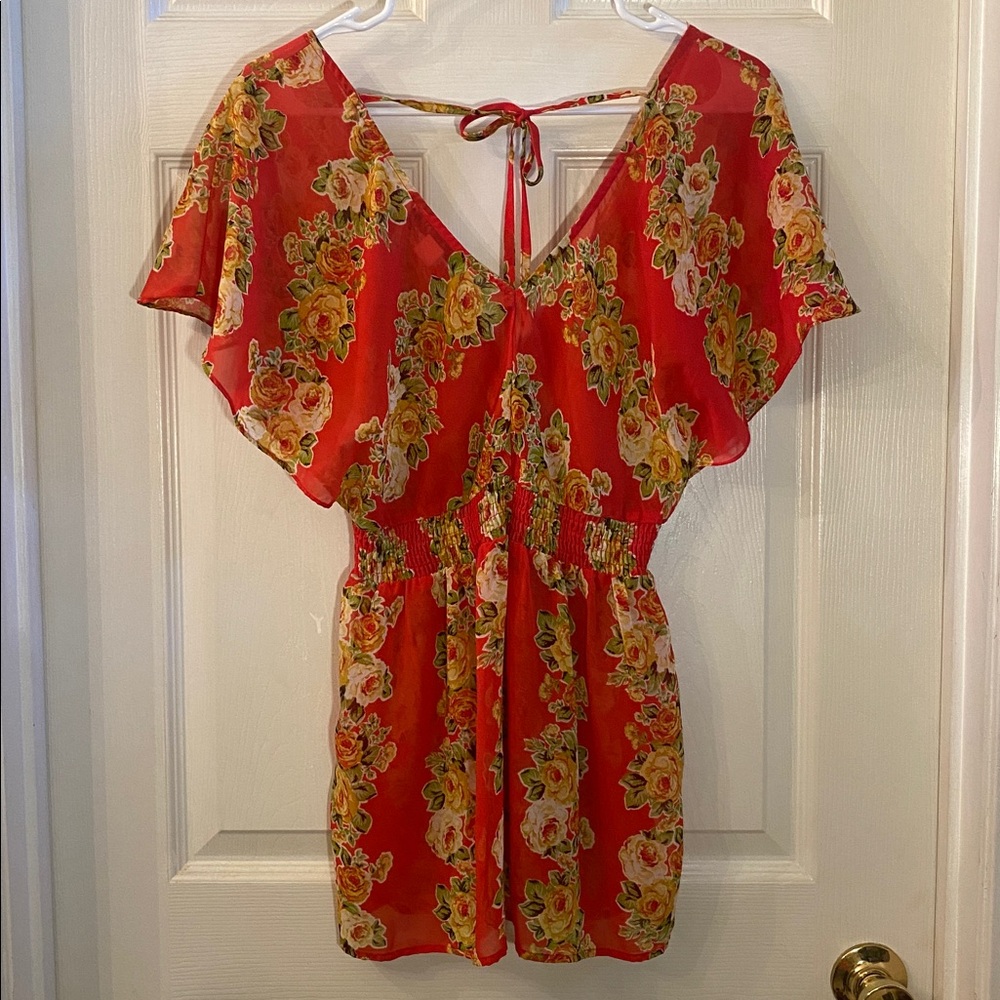 Forever 21 Red Floral Print Sheer Top - Picture 8 of 10